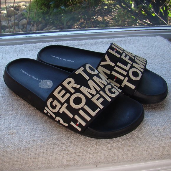 Tommy Hilfiger Shoes - Tommy Hilfiger black slides white logo, size 8